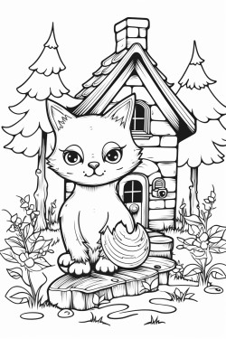 a little house in the forest with butterflies and a cat
