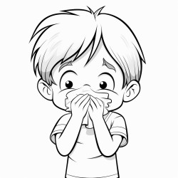 3 to 5 year old boy sneezing into a tissue covering his nose and mouth
