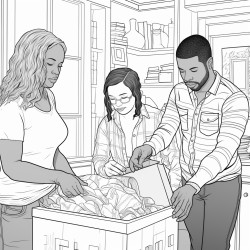 2 large white women and a medium build black man packing boxes