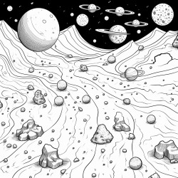 a whimsical asteroid field filled with colorful rocks and space debris