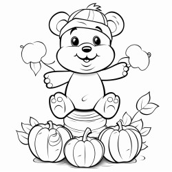 happy bear balancing a small pumpkin on its head