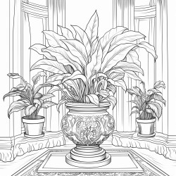 a peace lily house plant in a large ornate detailed pot with a living room background