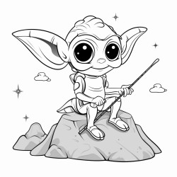 alien sitting on a meteorite holding a fishing rod