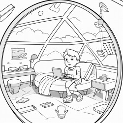 futuristic space house with glass ceiling and boy in bed