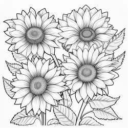 create a blackandwhite coloring page of sunflowers in full bloom use bold outlines for large petals stems and leaves vary the sizes and angles of sunflowers some facing forward others to the side for depth keep the background simple with rolling hills or minimal details ensuring large