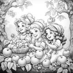 a diverse group of happy fairies pick magical fruits in an orchard on a sunny day with pleasant breeze