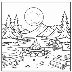 simple black outline art camping scene fire pit