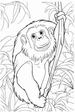 an orangutan hanging from a tree branch with long arms and a curious face surrounded by dense tropical leaves and vines