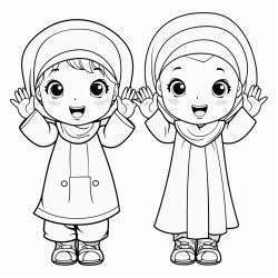 two little cartoon muslim girls wearing jilbab praying salah standing with hands raised up by ears