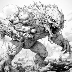 monster made of lava shooting a lava minigun