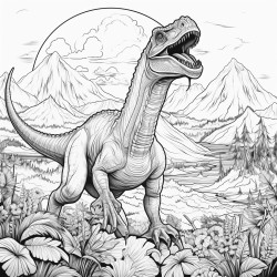 jurassic landscape with volcano and dinosaurs
