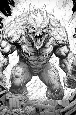 a monster made of lava shooting a lava minigun