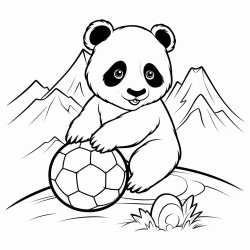 a picture of a panda eating a soccerball on top of a mountain with flowers under his feet