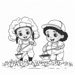 professional sketch drawing of african boy and a girl chlid planting trees in the forest for coloring book coloring page