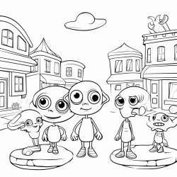 a group of aliens standing in the middle of a street
