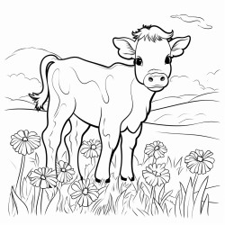 a calf with a cometshaped tail grazing in a field of flowers