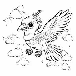 a bird with robotic parts flying through the clouds