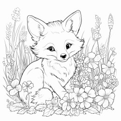 a cute little fox lying in a meadow full of wildflowers