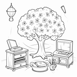 coloring book for children tree leaves snow stone  grass flowers lamp tv and telephone