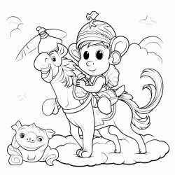 monkey riding a unicorn eating bananas