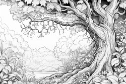 tall and thick oak trees with whimsical vines and leaves wrapping all around it