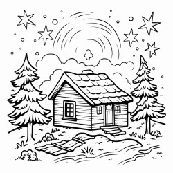 a rustic cabin in the woods with lightning illuminating the night sky