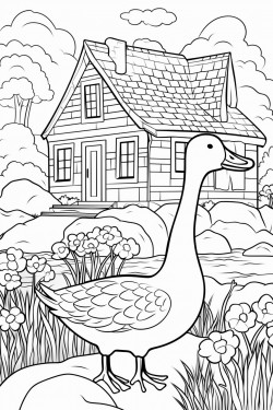 a geese in switzerland landscape with a quaint stone house surrounded by flowers and a cypress tree