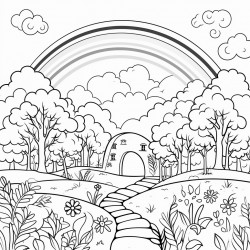 a magical forest landscape with a rainbow