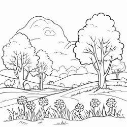 make me a drawing page of trees and a field with flowers