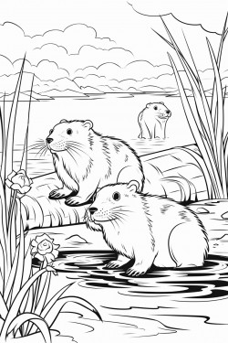 2 beavers in a wetland one is doing aquafit and the other is eating and really big can you please generate that image