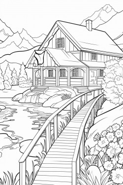 swiss countryside with a quaint stone house surrounded by flowers wooden dock extending into a lake