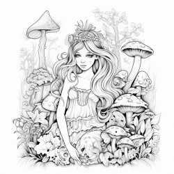 fairy in a garden with mushrooms and frogs