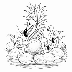 a pineapple flamingo with its friends in a river upside down pineapples hiding throughout