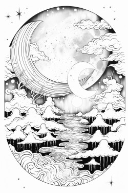 une image  colorier en noir et blanc dun paysage venant dun univers fantastique de leau la lune et des nuages