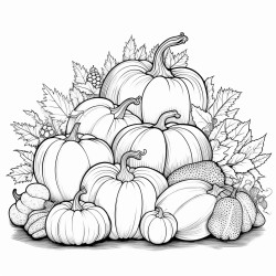 create a blackandwhite coloring page featuring pumpkins and gourds arranged together each pumpkin and gourd should have bold defined outlines showing unique shapes and textures keep the design simple with large open spaces