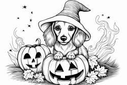 mini dachshund dressed as a witch carving a pumpkin