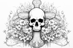 aged halloween tombstone with cross ravin lily of the valley and chains