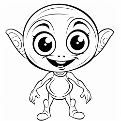 a friendly alien with big eyes and a wide smile