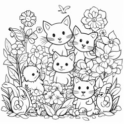 a beautiful garden full of flowers and baby animals