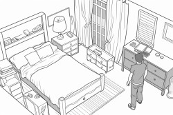 a semi thick lined no shade coming of age teenage boys bedroom from a overhead pov