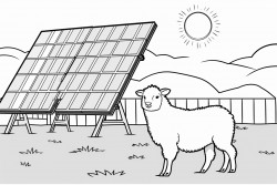 a sheep under a solar panel in a field