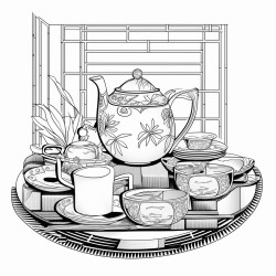 an asian influence tea service using light greys and bold lines with very minimal shading and black fill
