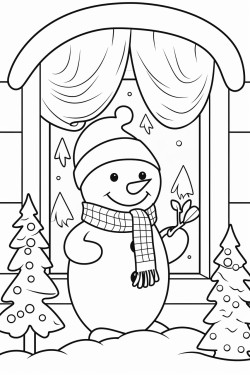 christmas snowman outside the window and behind the christmas tree
