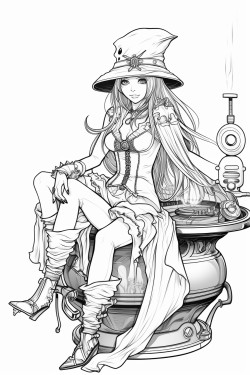 steampunk witch sitting next to a cauldron