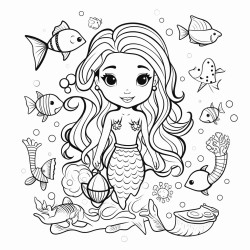 bolt and simpel black and wite coloring page of cute mermaid sarounded by sea creachers and seashells clipart style