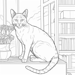 burmese cat sits on a high shelf and paws people below