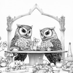 owls having dinner with a queen