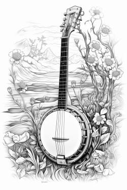 image of a banjo in a coloring book page