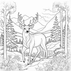 create a blackandwhite coloring page of a peaceful forest scene featuring a deer standing among trees the deer should have bold welldefined outlines with large open spaces for easy coloring the background trees and plants should be simple yet clear keeping the focus on the deer