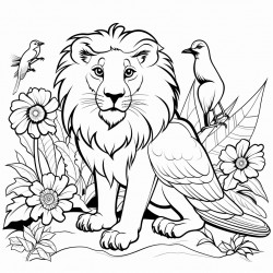 lion in a rainforest with a parrot and a lizard